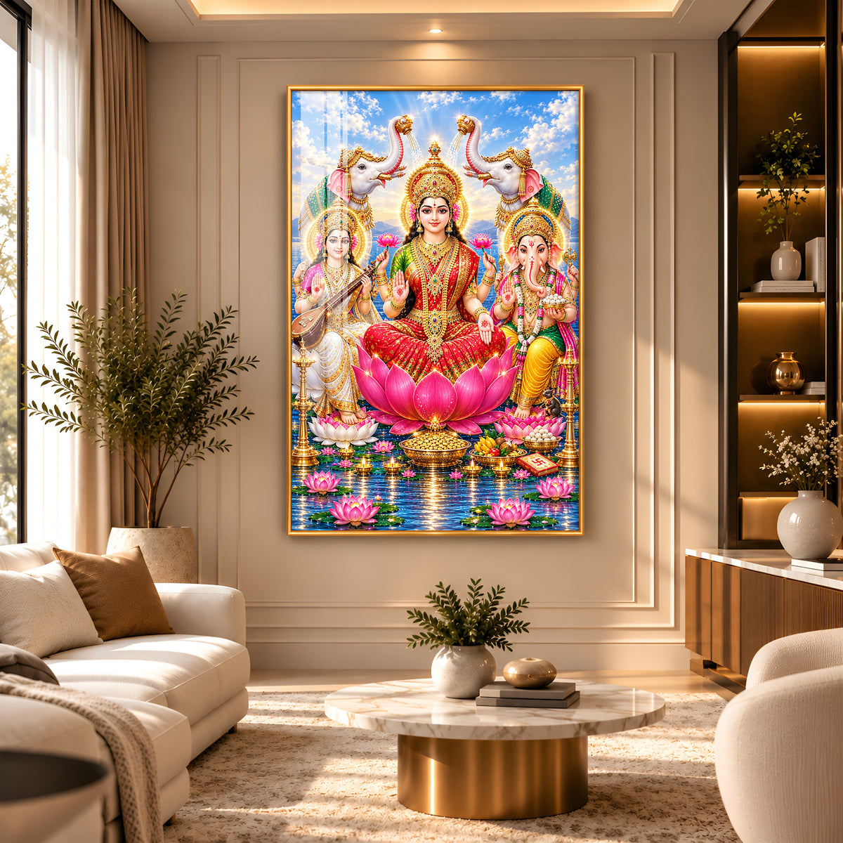 Maa Lakshmi, Saraswati & Ganesha Premium Acrylic Vertical Wall Art