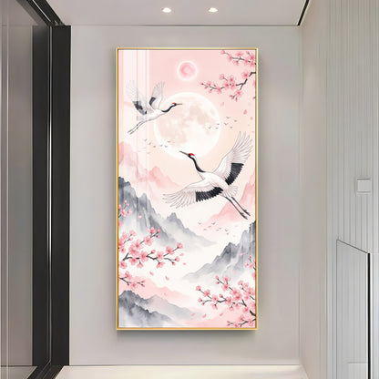 Flying Crane Birds & Cherry Blossom Premium Acrylic Vertical Wall Art
