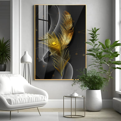Golden Elegance Feather Premium Acrylic Vertical Wall Art