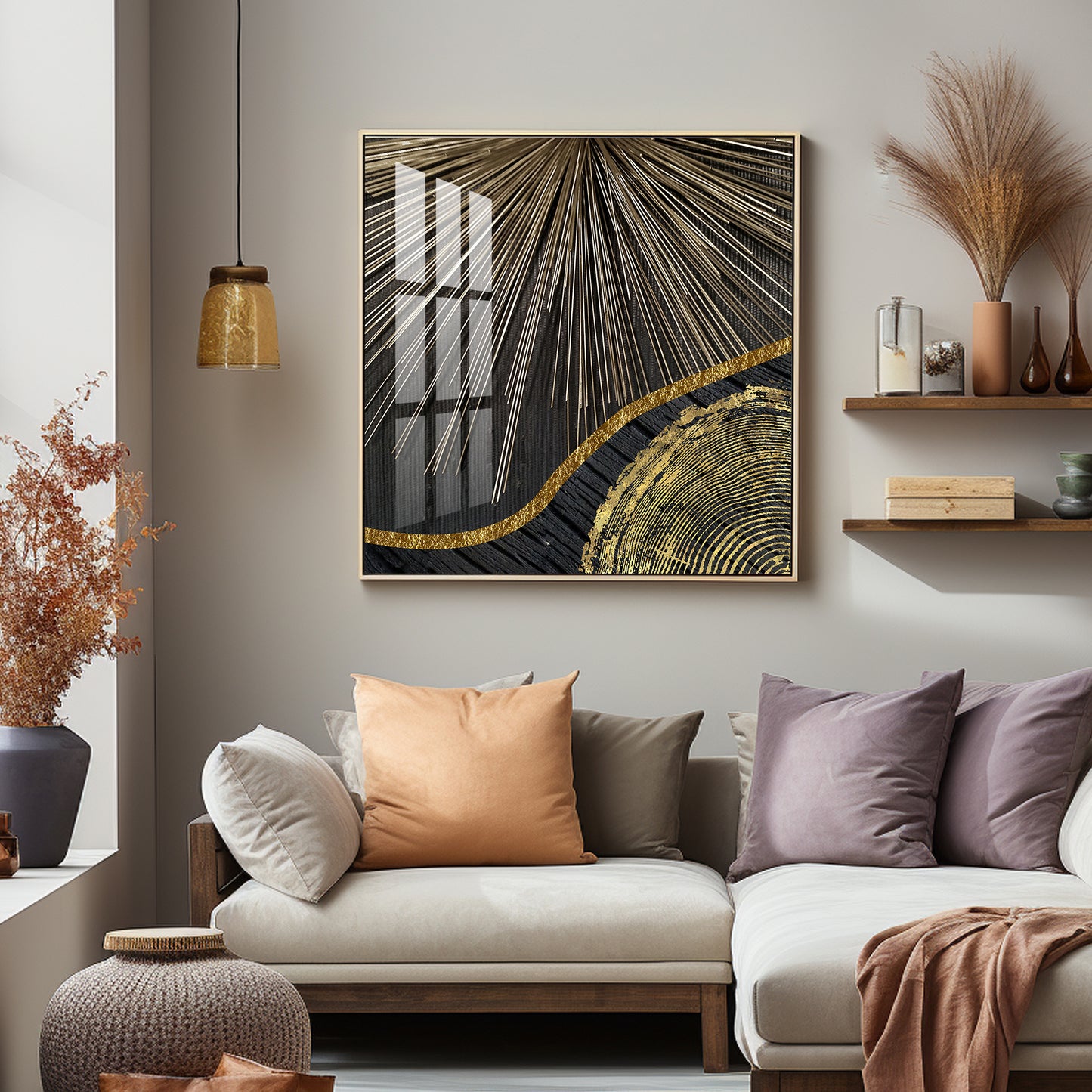 Golden Black Wood Tree Rings Premium Acrylic Square Wall Art