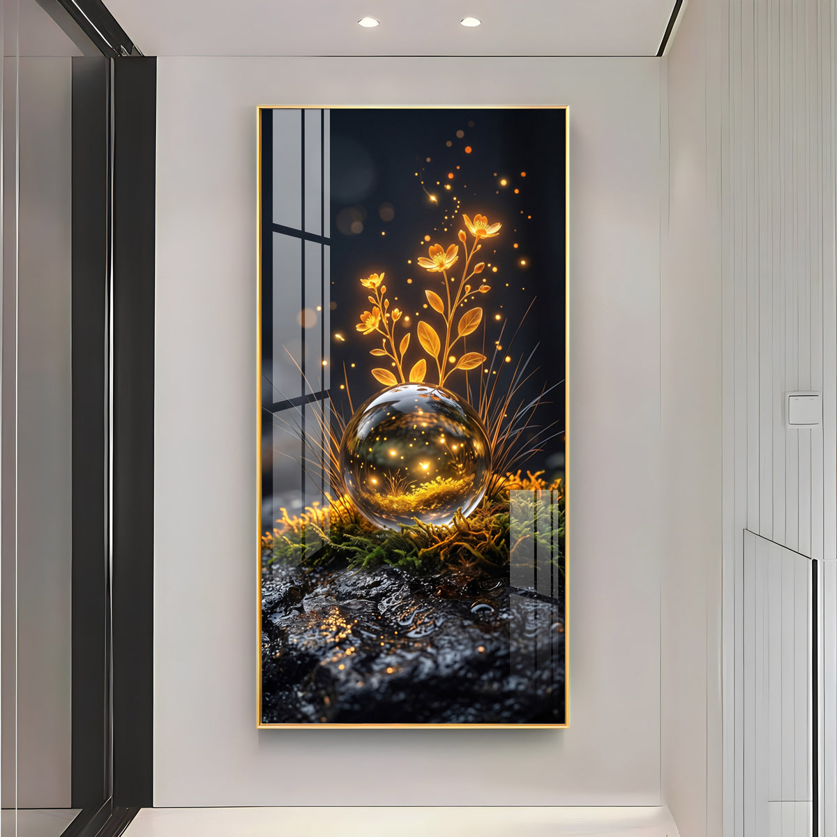 Glowing Crystal Orb & Golden Flowers Premium Acrylic Vertical Wall Art