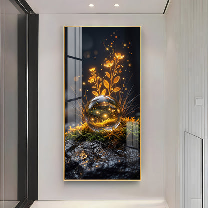 Glowing Crystal Orb & Golden Flowers Premium Acrylic Vertical Wall Art
