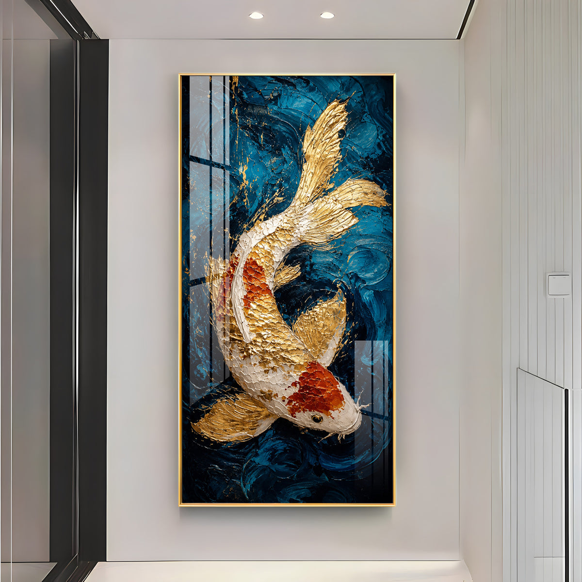 Majestic Golden & Red Koi Fish Deep Blue Background Premium Acrylic Vertical Wall Art