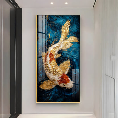 Majestic Golden & Red Koi Fish Deep Blue Background Premium Acrylic Vertical Wall Art
