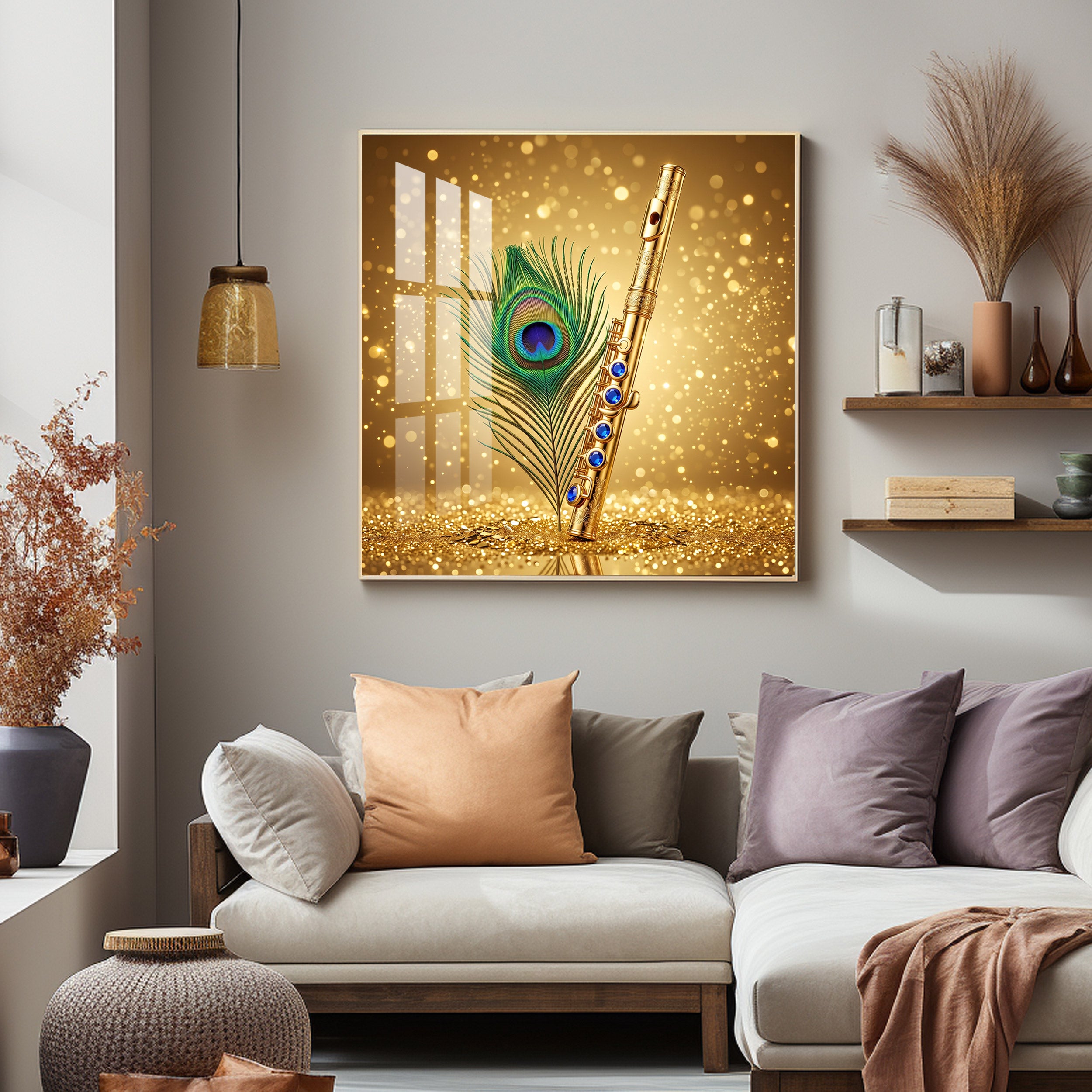 Flute With Peacock Feather Premium Acrylic Square Wall Art