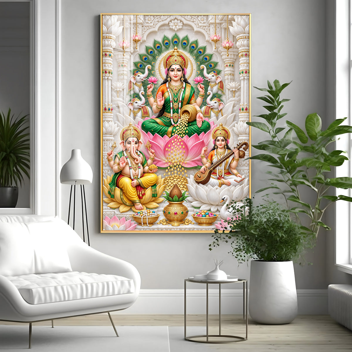 Lakshmi Saraswati Ganesha Peacock Halo Premium Acrylic Vertical Wall Art