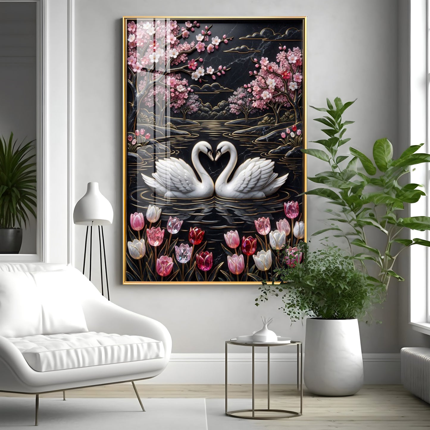 Swan Pair On A Pond Premium Acrylic Vertical Wall Art