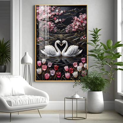 Swan Pair On A Pond Premium Acrylic Vertical Wall Art