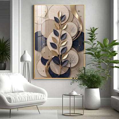 Luxury Navy Blue & Gold Leaves Premium Acrylic Vertical Wall Art
