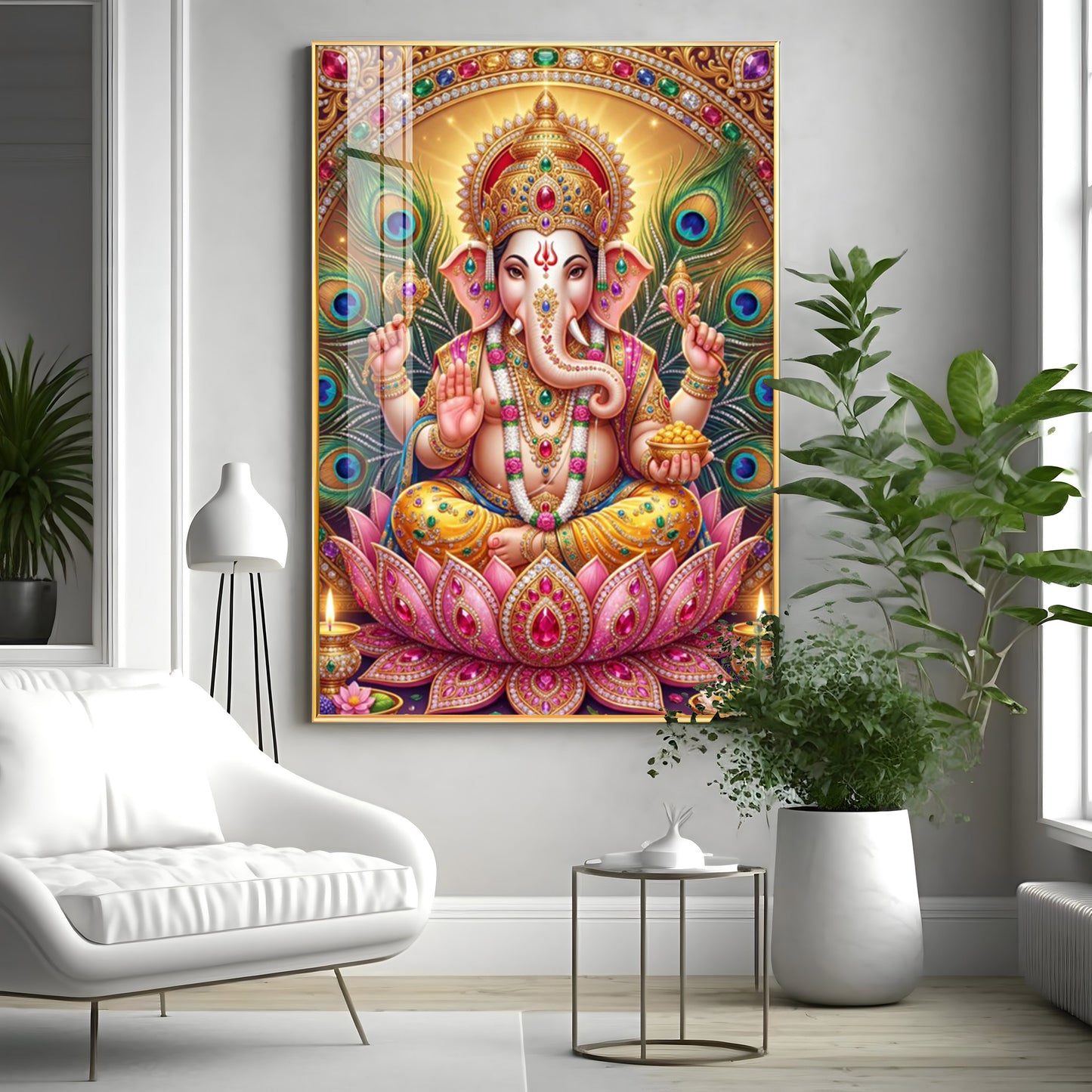 Lord Ganesha With Pink Lotus Premium Acrylic Vertical Wall Art