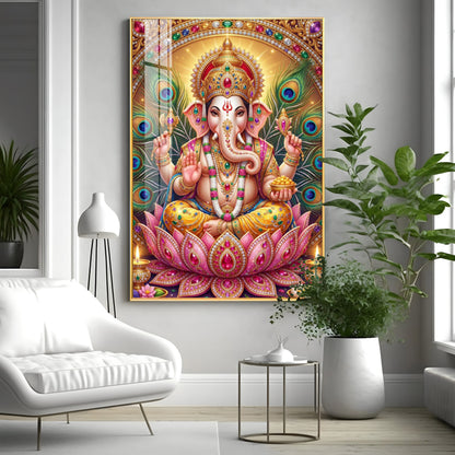 Lord Ganesha With Pink Lotus Premium Acrylic Vertical Wall Art