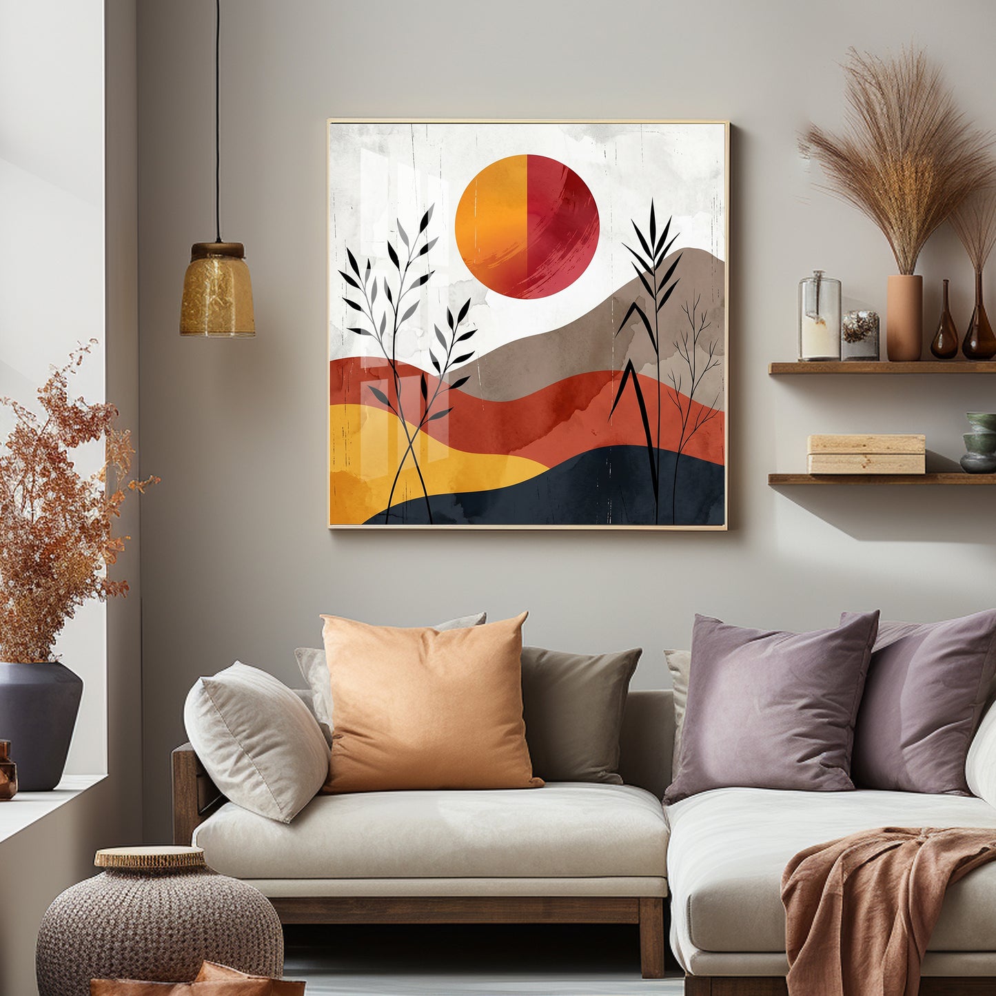 Earth-Toned Hills & Split-Color Sun Premium Acrylic Square Wall Art