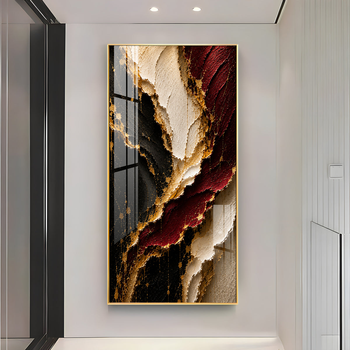 Luxurious Textured Abstract Maroon Black & Gold Premium Acrylic Vertical Wall Art