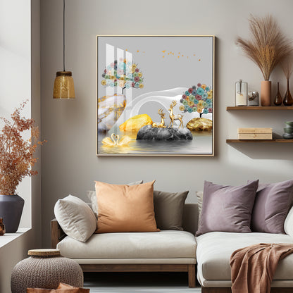 Couple Of Deer & Swan Premium Acrylic Square Wall Art