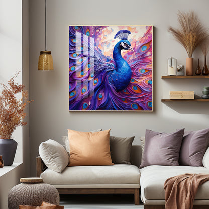 Vibrant Peacock With Feathers Premium Acrylic Square Wall Art