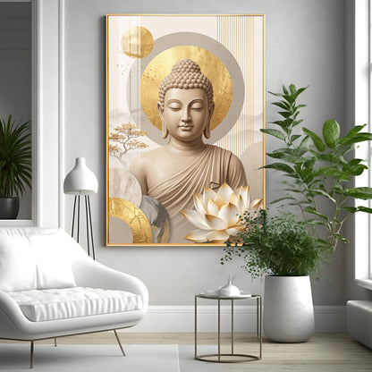 Tranquil Lord Buddha With Golden Halo & Lotus Abstract Premium Acrylic Wall art
