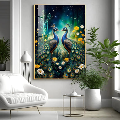 Two Peacocks With Flowers Premium Acrylic Vertical Wall Art