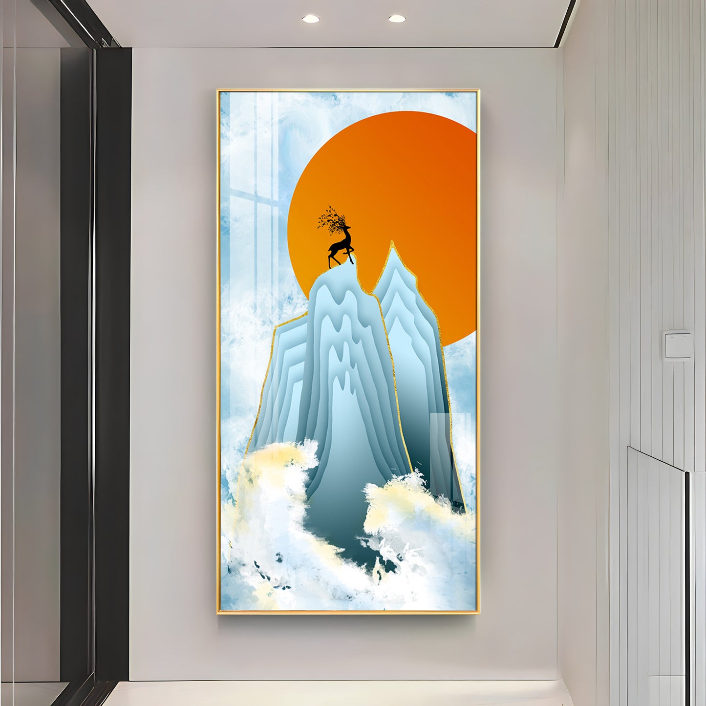 Black Deer On Mountains Premium Acrylic Vertical Wall Art