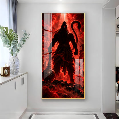 Hanuman Silhouette in Red Glow Premium Acrylic Vertical Wall Art