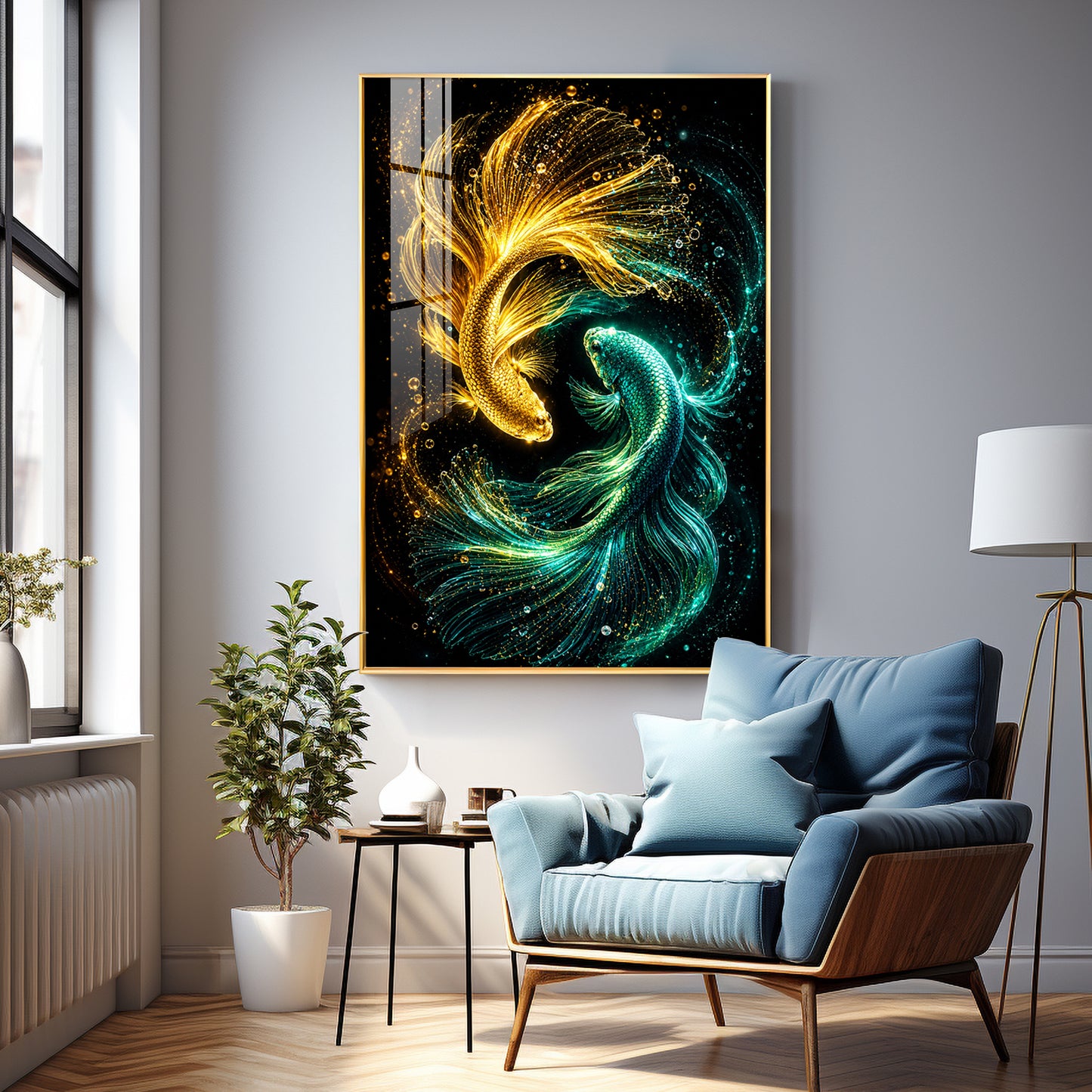 Luminous Gold Fish Premium Acrylic Vertical Wall Art