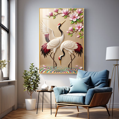 Dancing Cranes & Cherry Blossom Premium Acrylic Vertical Wall Art