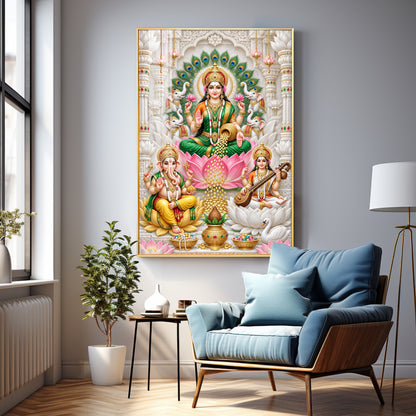 Lakshmi Saraswati Ganesha Peacock Halo Premium Acrylic Vertical Wall Art