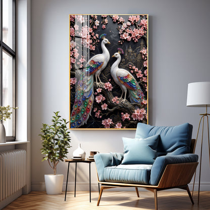 White Peacock Pair Premium Acrylic Vertical Wall Art