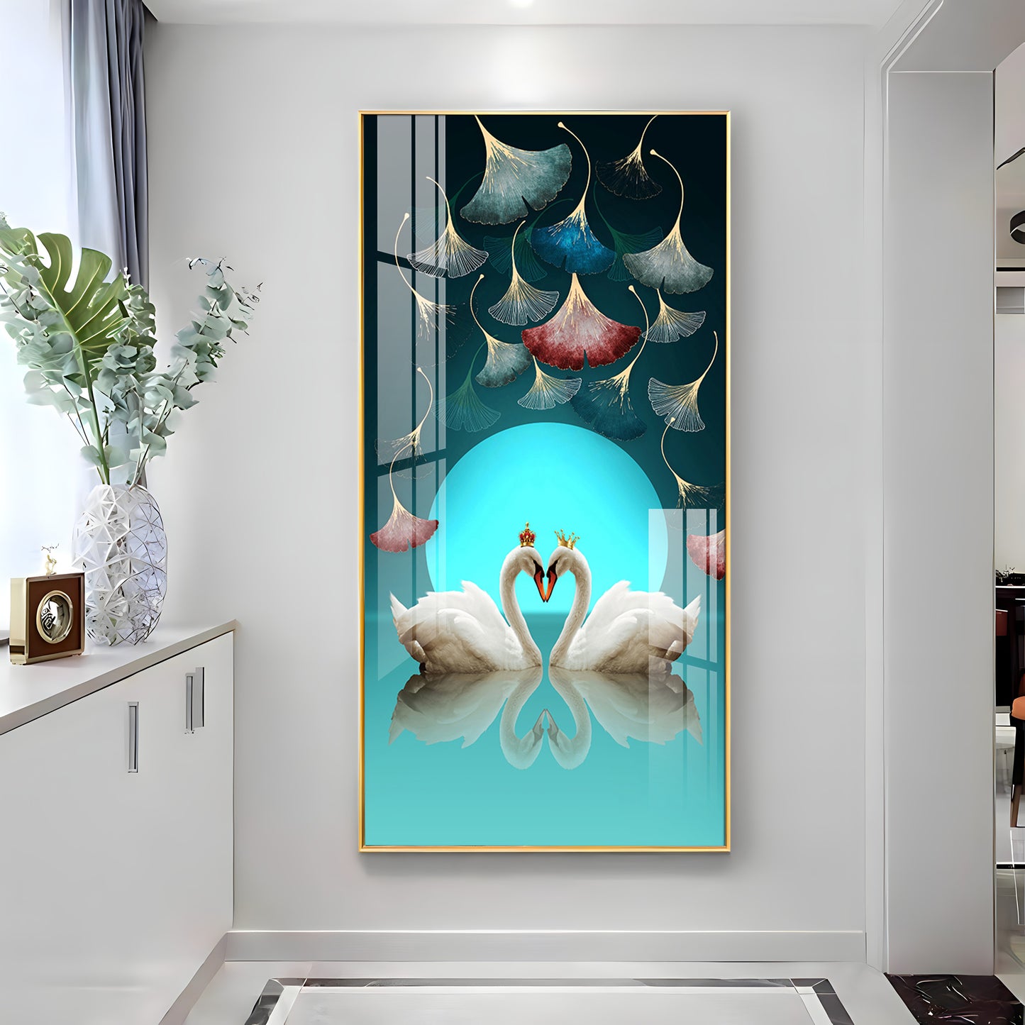 Couple Swan With Ginkgo Leaves Premium Acrylic Vertical Wall Art