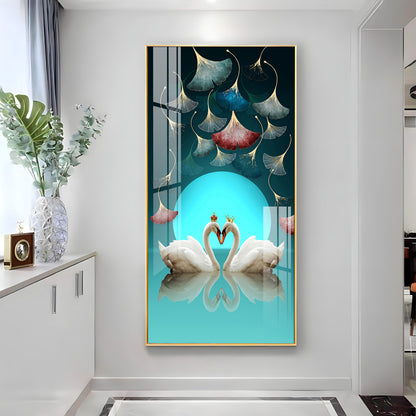 Couple Swan With Ginkgo Leaves Premium Acrylic Vertical Wall Art
