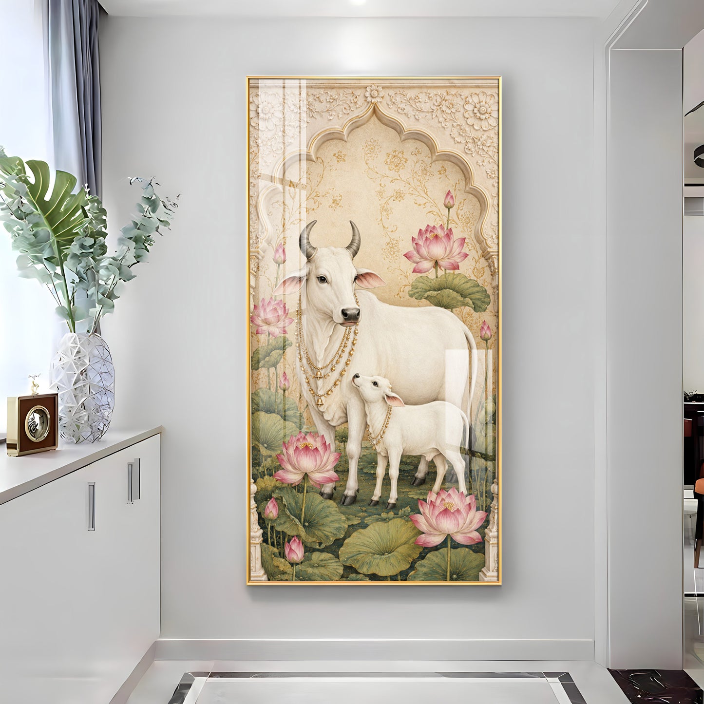 Divine Kamdhenu Cow with Calf Traditional Lotus Premium Acrylic Vertical Wall Art