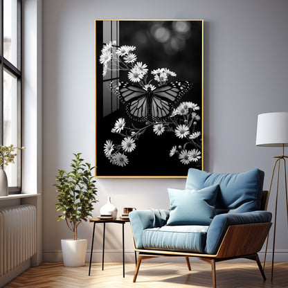 Elegant Black & White Butterfly & Floral Premium Acrylic Vertical Wall Art