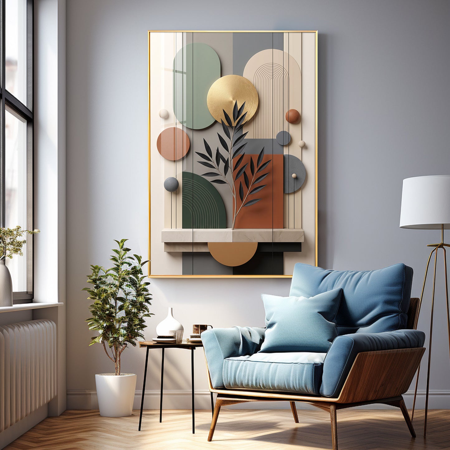 Modern Geometric Abstract with Gold Disc Premium Acrylic Vertical Wall Art