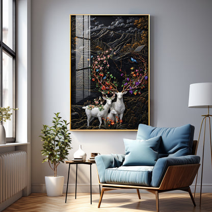 White Deer With Colorful Floral Premium Acrylic Vertical Wall Art