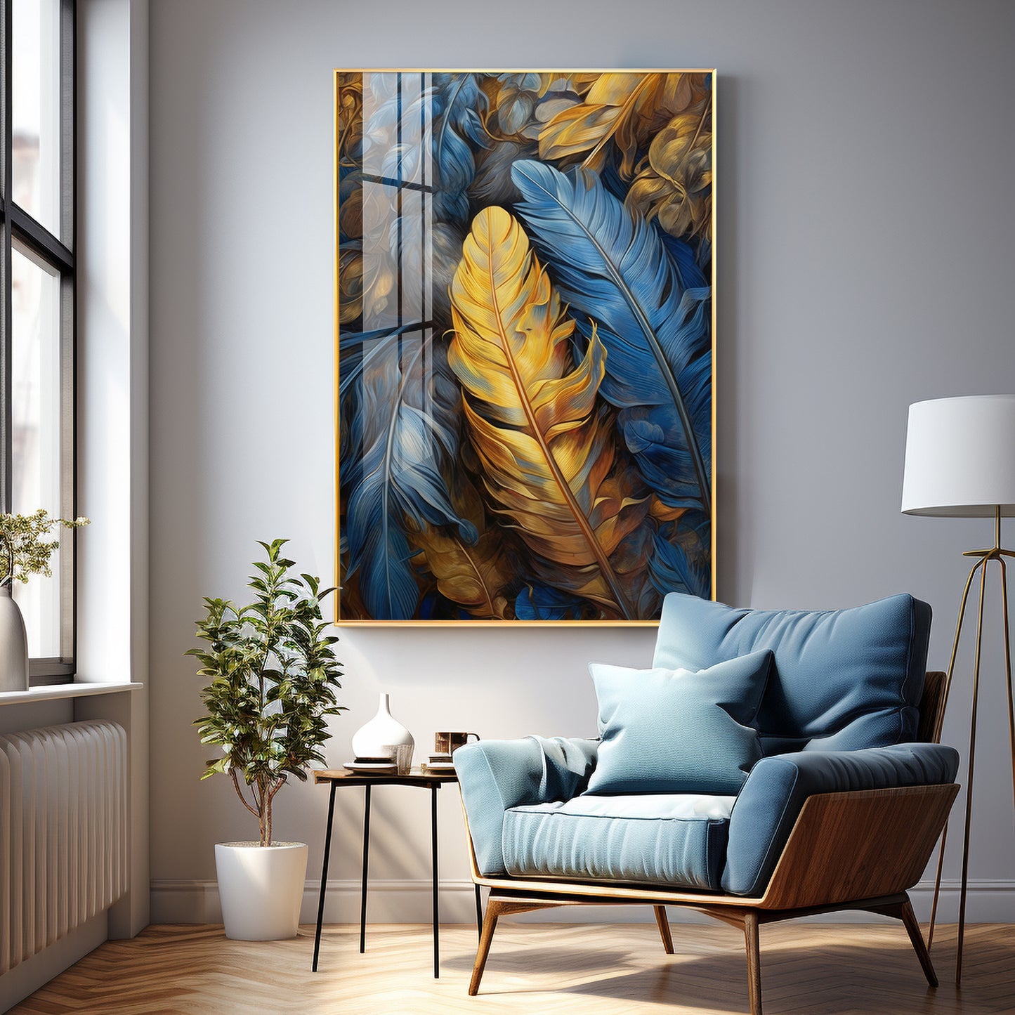 Blue & Yellow Feathers Premium Acrylic Vertical Wall Art