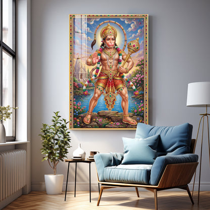 Lord Hanuman Holding A Gada Premium Acrylic Vertical Wall Art