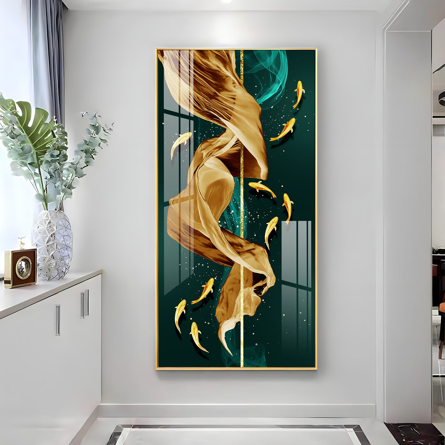 Fish & Flowing Gold Layer Premium Acrylic Vertical Wall Art