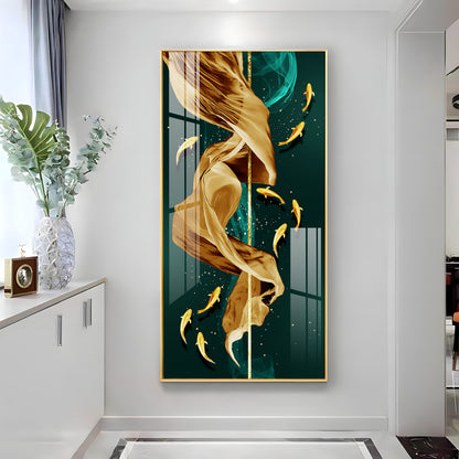 Fish & Flowing Gold Layer Premium Acrylic Vertical Wall Art