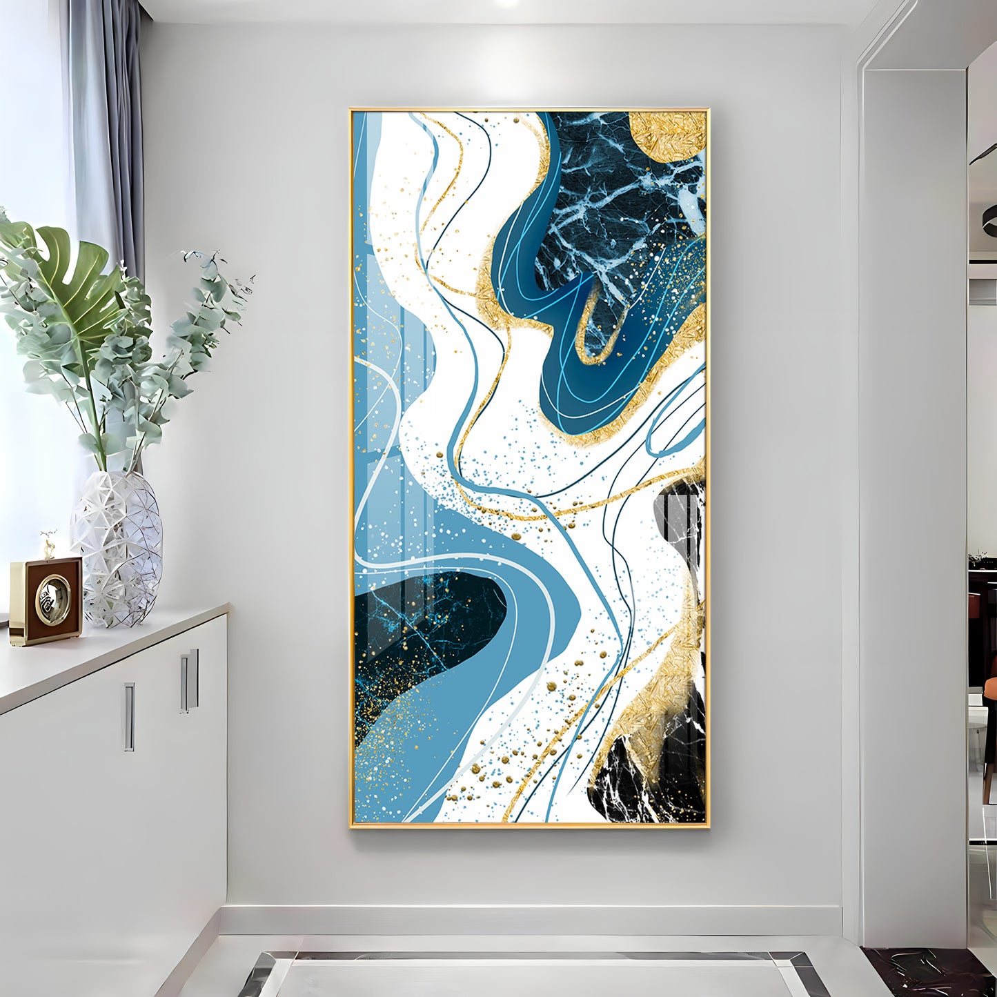 Stylized Fans In Gold & Blue Tones Premium Acrylic Vertical Wall Art