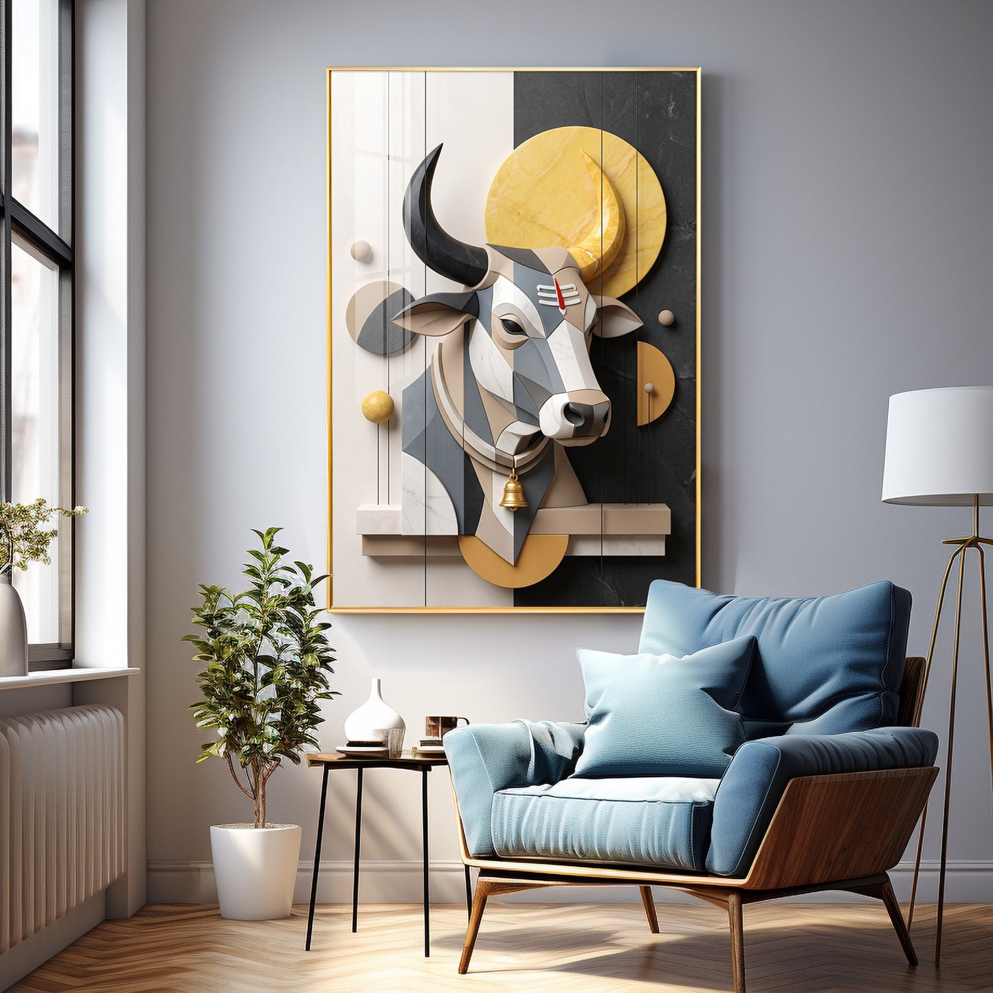Modern Geometric Nandi with Tilak & Bell Premium Acrylic Vertical Wall Art