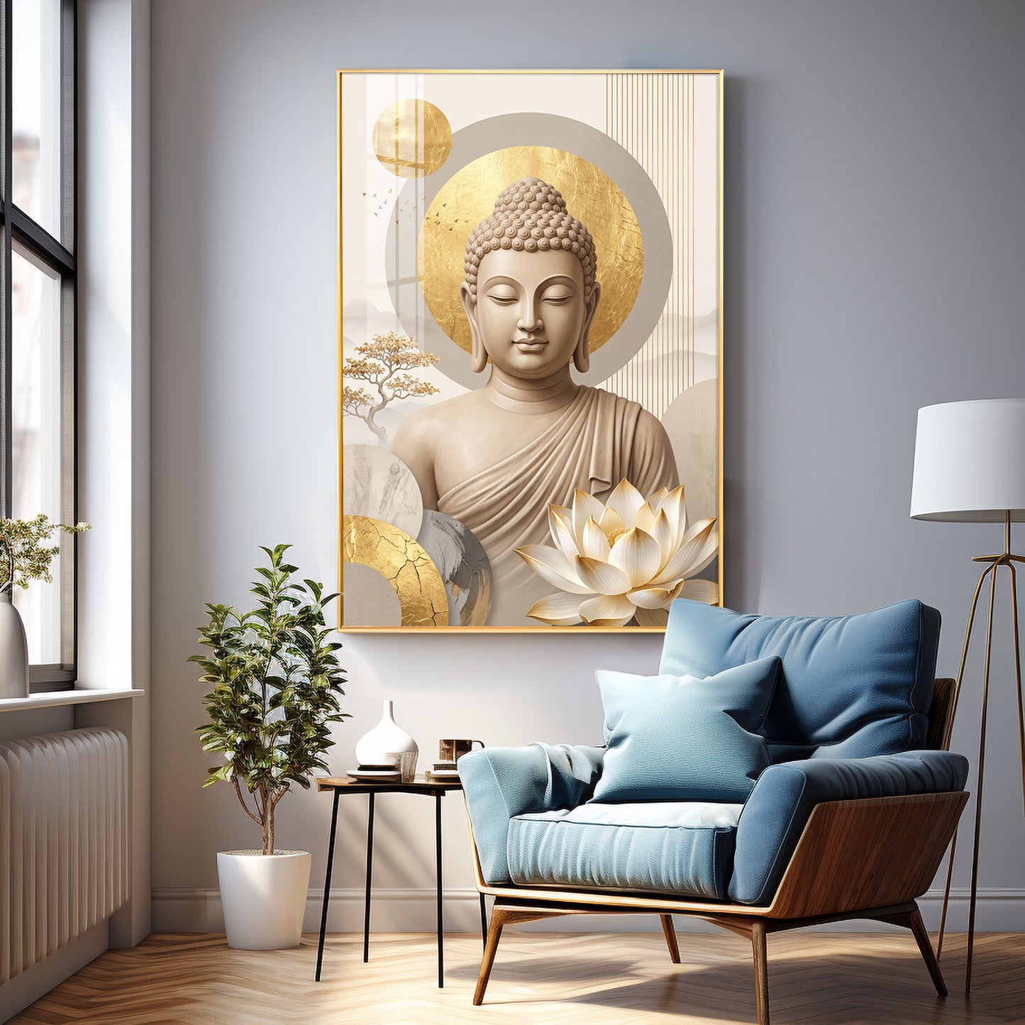 Tranquil Lord Buddha With Golden Halo & Lotus Abstract Premium Acrylic Wall art