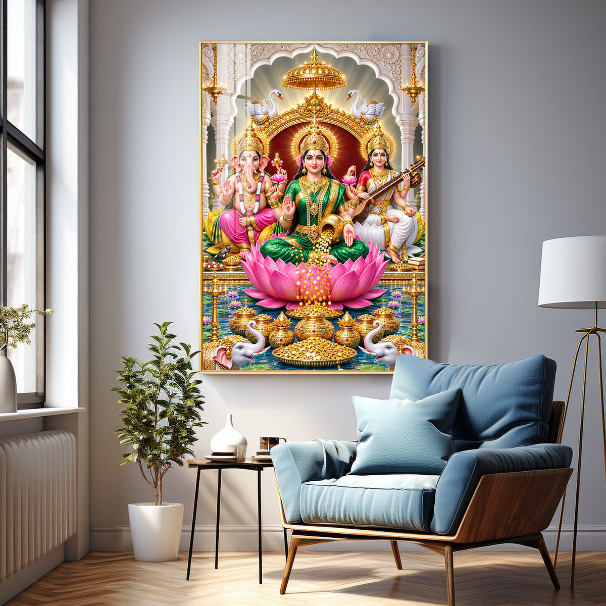 Maa Laxmi Ji, Maa Saraswati & Ganesh Ji Premium Acrylic Vertical Wall Art