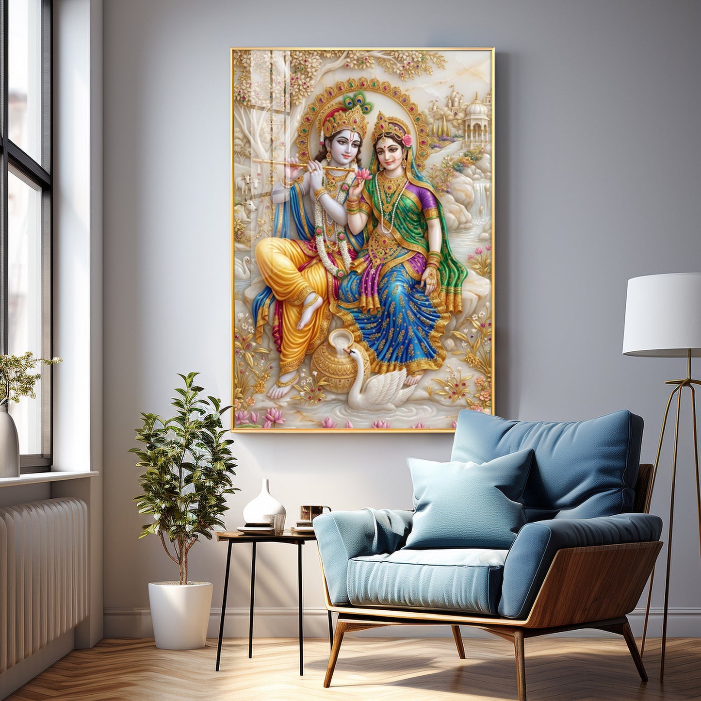Radha Krishna With Swan Premium Acrylic Vertical Wall Art