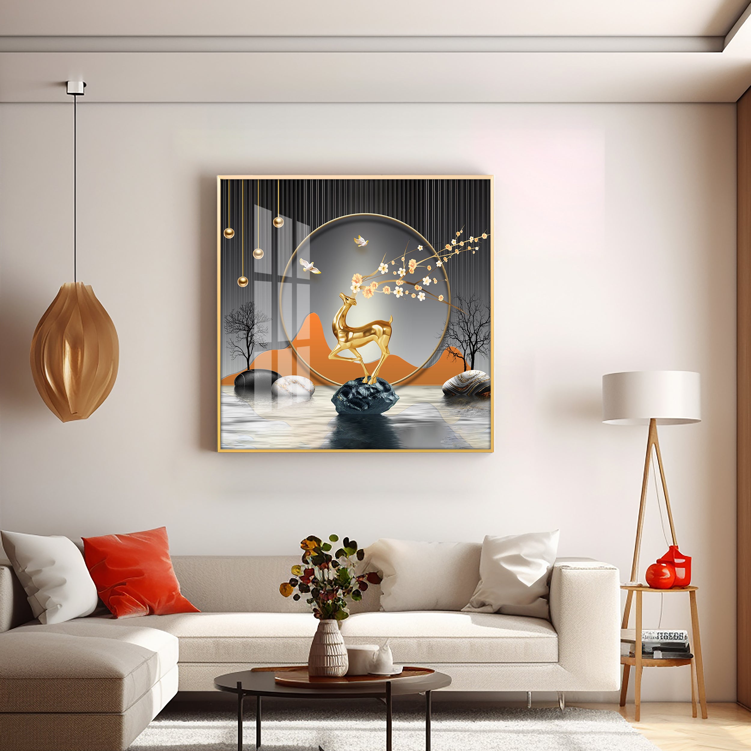 Golden Deer With Elegance Premium Acrylic Square Wall Art