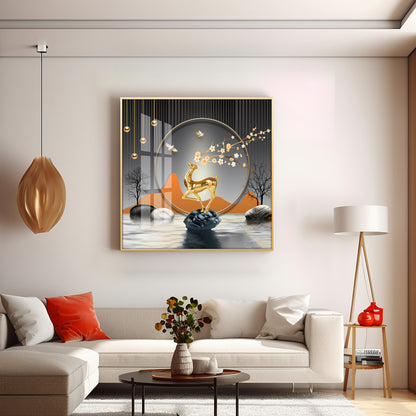 Golden Deer With Elegance Premium Acrylic Square Wall Art