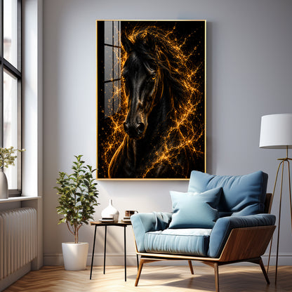 Fiery Golden Black Stallion Premium Acrylic Vertical Wall Art