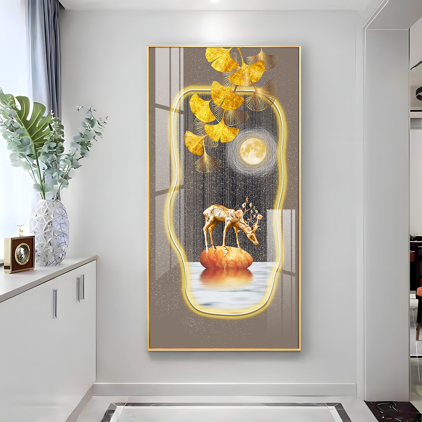Golden Deer & Gingko Premium Acrylic Vertical Wall Art