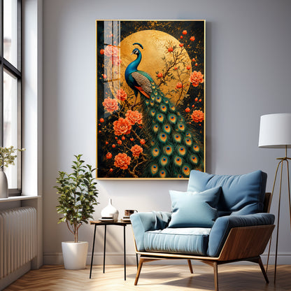 Golden Moon Peacock Premium Acrylic Vertical Wall Art
