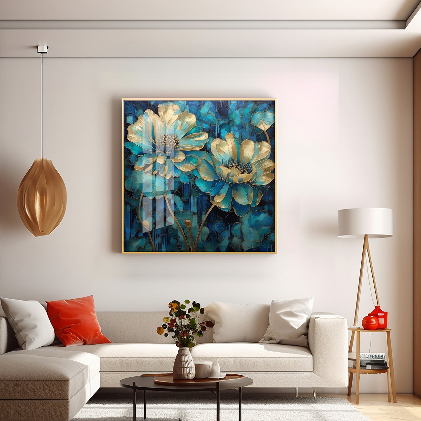 Flowers With Gold & Blue Leaves Premium Acrylic Square Wall Art