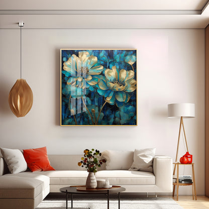 Flowers With Gold & Blue Leaves Premium Acrylic Square Wall Art