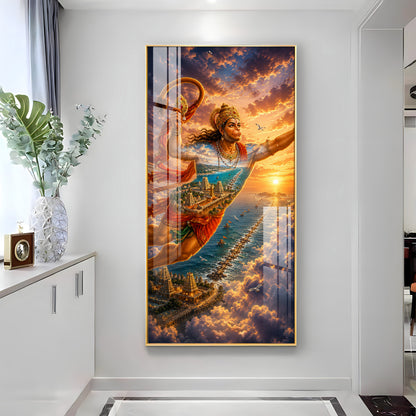 Lord Hanuman Flying Over Ocean Ram Setu Premium Acrylic Vertical Wall Art